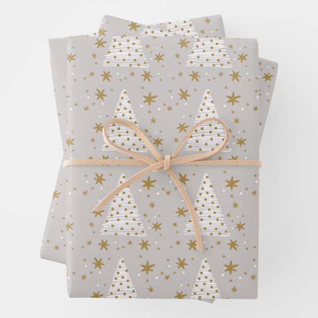 Golden White Elegant Simple Illustrated Christmas  Wrapping Paper Sheet (In situ)