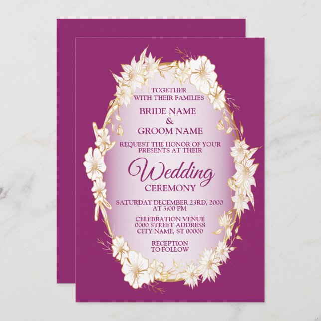 Golden White Floral Pink Geometric Rustic Wedding Invitation (Front/Back)