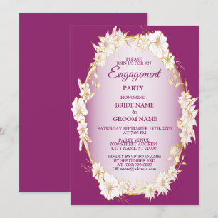 Golden White Floral Pink Rustic Engagement Party Invitation