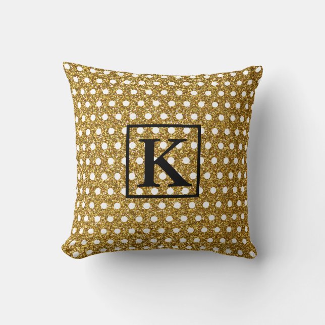 Golden White Polka Dots Glittery Monogram Initials Throw Pillow (Front)