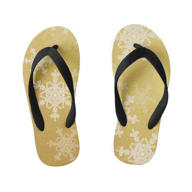 Golden White Snowflakes Minimalist Christmas Kid's Flip Flops (Footbed)