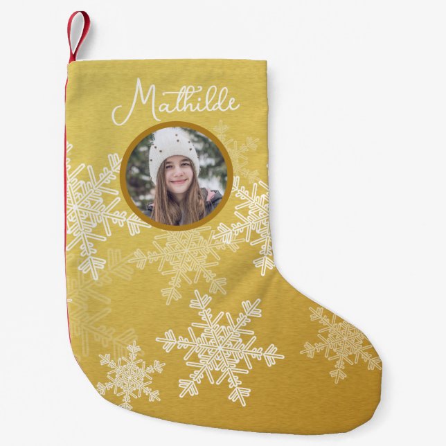 Golden White Snowflakes Minimalist Christmas Photo Small Christmas Stocking (Front)