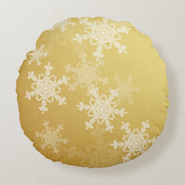 Golden White Snowflakes Minimalist Christmas Round Pillow (Front)