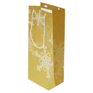 Golden White Snowflakes Minimalist Christmas Wine Gift Bag