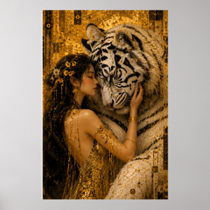 Golden White Tiger Guardian with Elegant Princess Poster