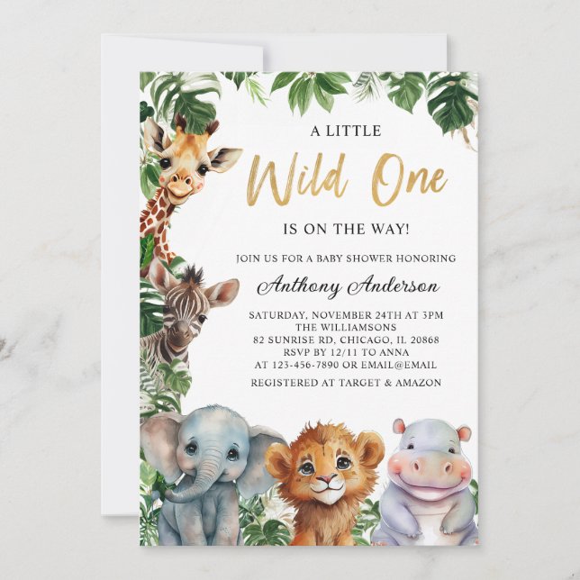 Golden Wild One Safari Animals Boy Baby Shower Invitation (Front)