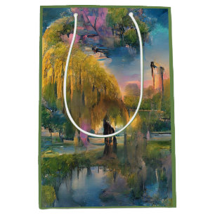 Golden Willow Tree at Sunset by the Pond Abstract Medium Gift Bag