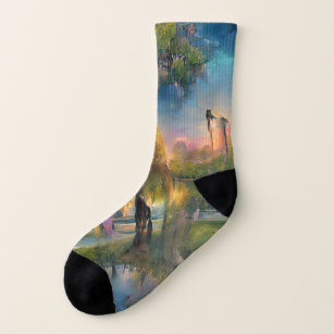 Golden Willow Tree at Sunset by the Pond Abstract  Socks