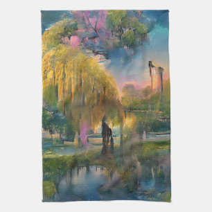Golden Willow tree at sunset by the pond Kitchen Towel