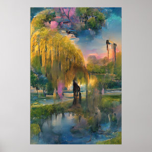 Golden Willow tree at sunset by the pond  Poster