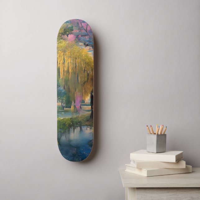 Golden Willow tree at sunset by the pond   Skateboard (Wall Art)