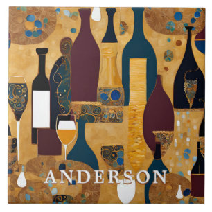 Golden Wine Glass Bottles Abstract Tile