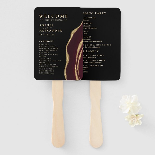 Golden wine red agate wedding program Set of Fans (Front and Back)