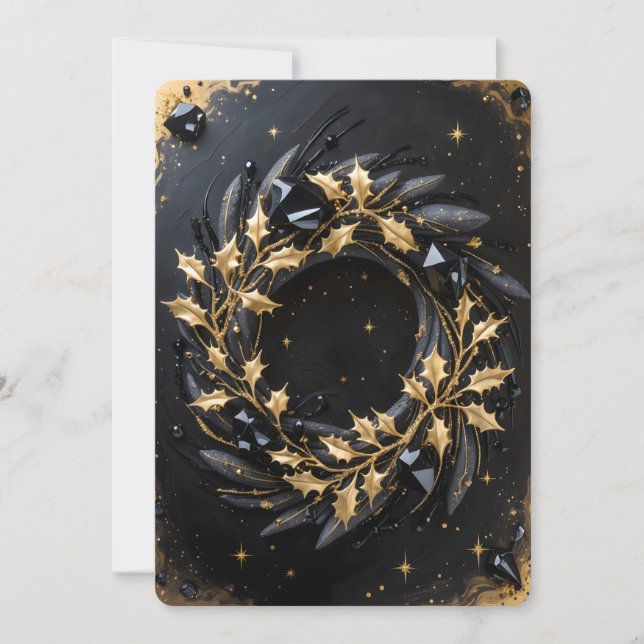 Golden Winter Wreath Holiday Greeting Card (Front)