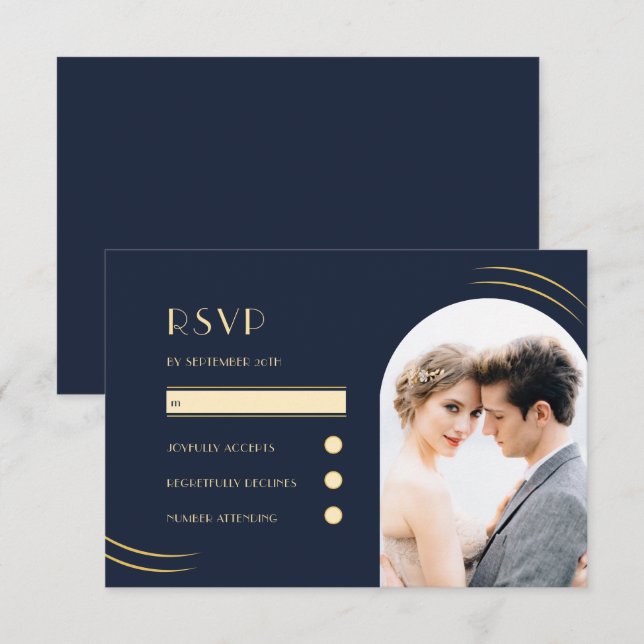 Golden Wisps Dark Blue Photo Wedding RSVP Card (Front/Back)