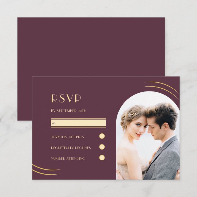 Golden Wisps Plum Photo Wedding RSVP Card (Front/Back)