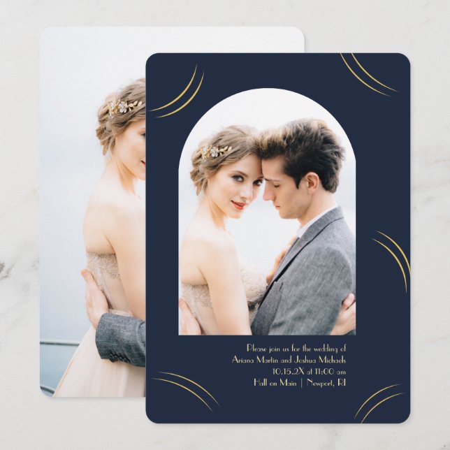 Golden Wisps Two Photo Dark Blue Wedding  Invitation (Front/Back)