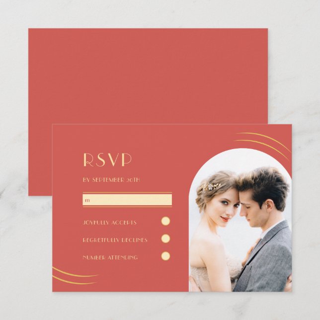 Golden Wisps Vibrant Red Photo Wedding RSVP Card (Front/Back)
