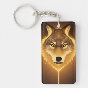 Golden Wolf Face Art Emanating Glowing Energy Keychain