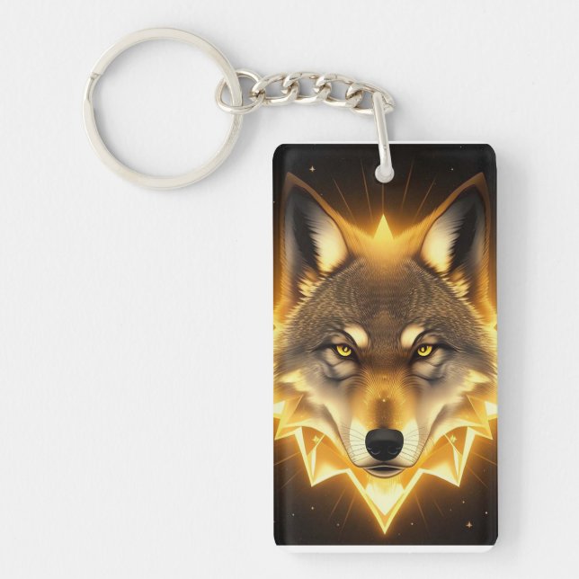 Golden Wolf Face Art Emanating Glowing Energy Keychain (Front)