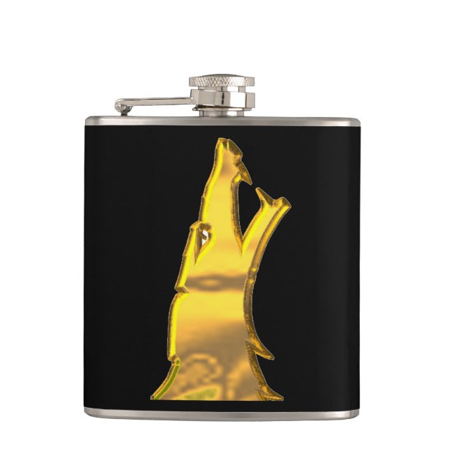Golden Wolf Head black wrapped flask (Front)
