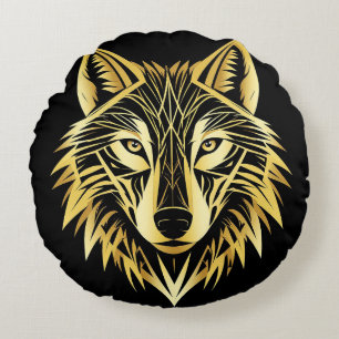 Golden Wolf Head On Black Geometric 🐺 Round Pillow