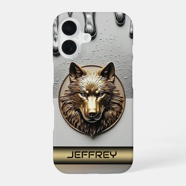 Golden Wolf With Custom Name 🐺 iPhone 16 Case (Back)