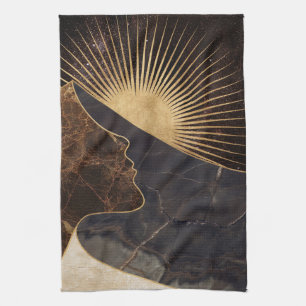 Golden Woman Illusion with Sun and Marble Textures Kitchen Towel