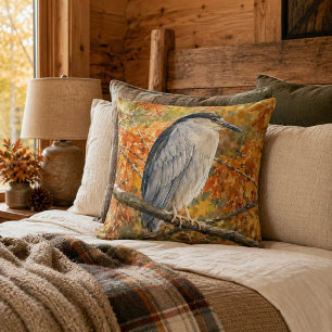 Golden Woodland Autumn Heron Throw Pillow