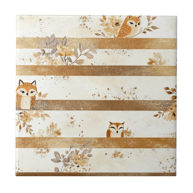 Golden Woodland Fox & Owl Stripe Pattern (1) Tile (Front)