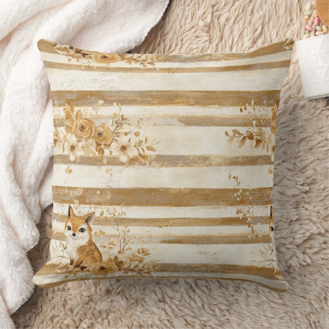 Golden Woodland Fox & Owl Stripe Pattern (3) Throw Pillow (Blanket)
