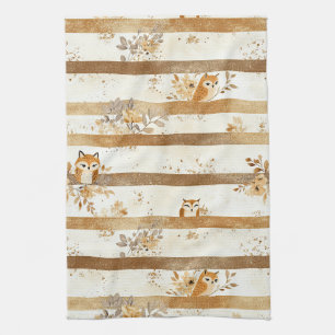 Golden Woodland Fox & Owl Stripe Pattern Kitchen Towel