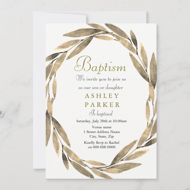 Golden Wreath Gold Leaf Boy Girl Baptism Invite (Front)