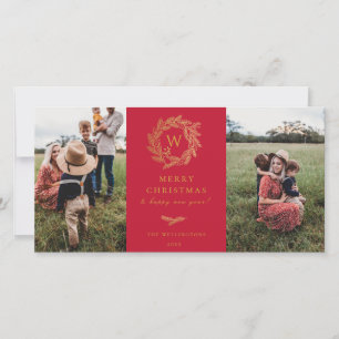 Golden Wreath Monogram Holiday 2 Carte photo Rouge