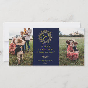 Golden Wreath Monogram Holiday 2 Photo Card Blue