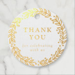 Golden Wreath Thank You Favour Tags<br><div class="desc">Thank you gift tag with a wreath of pretty leaves surrounding thank you for celebrating with us written in elegant letters. Perfect for many occasions: weddings,  graduation,  engagement,  baby showers,  couple's showers,  birthdays,  baptisms,  and more. The back features a teal background with a printed watercolor texture.</div>