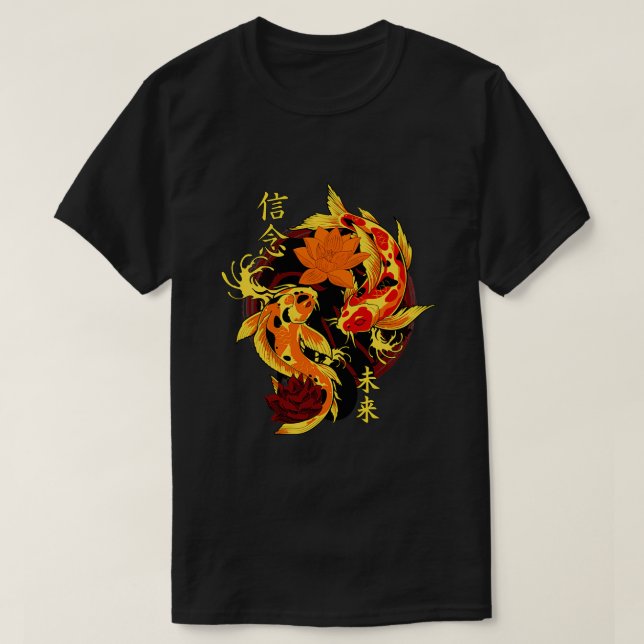 Golden Yakuza Japanese Tattoos Koi Fish Pond Flora T-Shirt (Design Front)