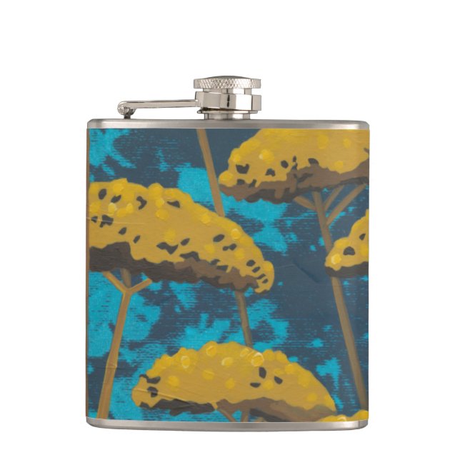 Golden Yarrow Garden with Blue Background Hip Flask (Front)