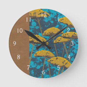Golden Yarrow Garden with Blue Background Round Clock