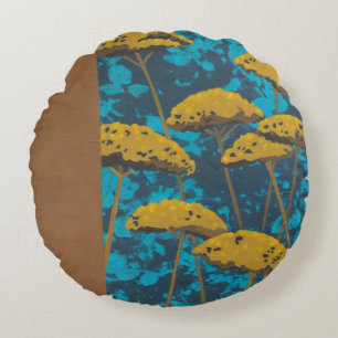 Golden Yarrow Garden with Blue Background Round Pillow