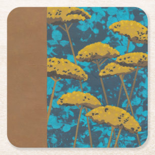 Golden Yarrow Garden with Blue Background Square Paper Coaster