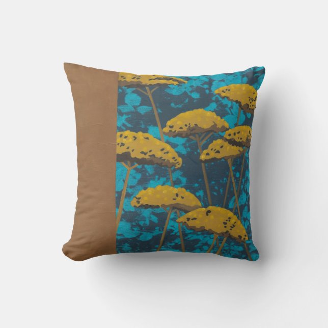 Golden Yarrow Garden with Blue Background Throw Pillow (Front)
