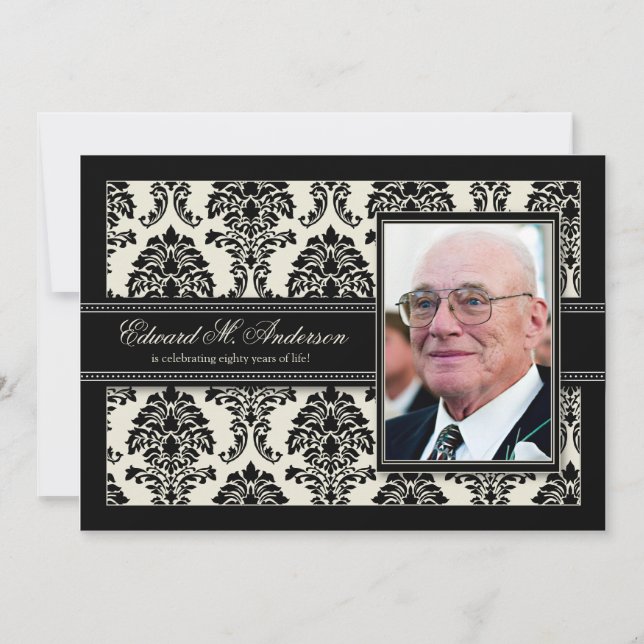 Golden Years Damask Birthday Party Invite (black) (Front)