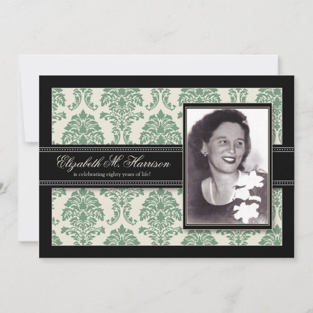 Golden Years Damask Birthday Party Invite (sage) (Front)