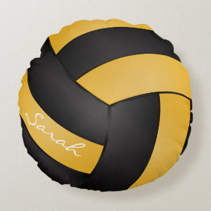 Golden Yellow and Black Volleyball   Personalize Round Pillow