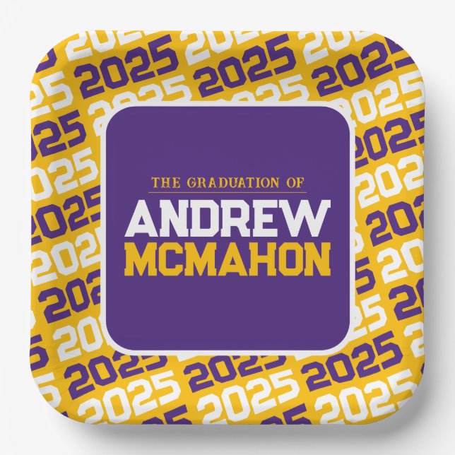 Golden Yellow and Purple Personalized Graduation Paper Plate (Front)