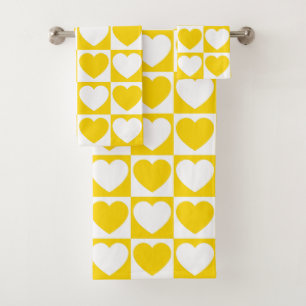 Golden Yellow and White Chequered With Hearts Bath Towel Set
