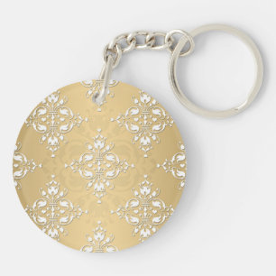 Golden Yellow and White Damask Pattern Keychain