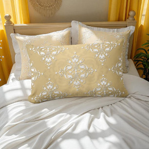 Golden Yellow and White Damask Pattern Lumbar Pillow