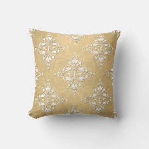 Golden Yellow and White Damask Pattern Throw Pillow